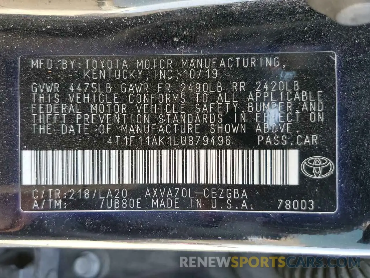 12 Photograph of a damaged car 4T1F11AK1LU879496 TOYOTA CAMRY 2020