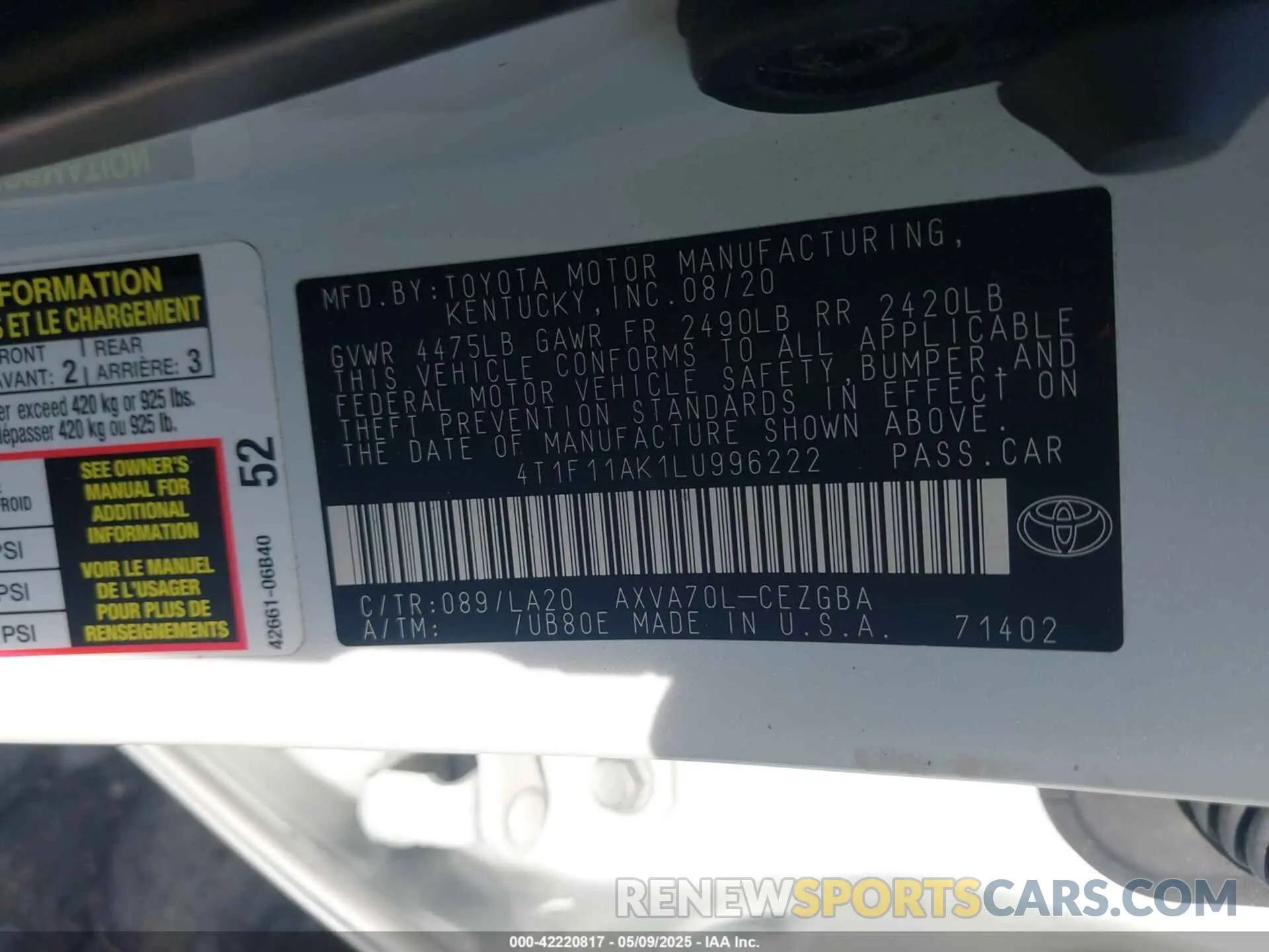9 Photograph of a damaged car 4T1F11AK1LU996222 TOYOTA CAMRY 2020