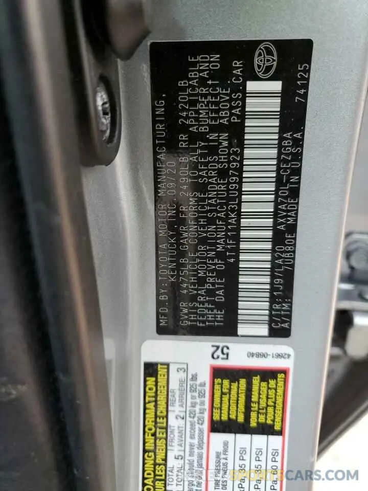 13 Photograph of a damaged car 4T1F11AK3LU997923 TOYOTA CAMRY 2020