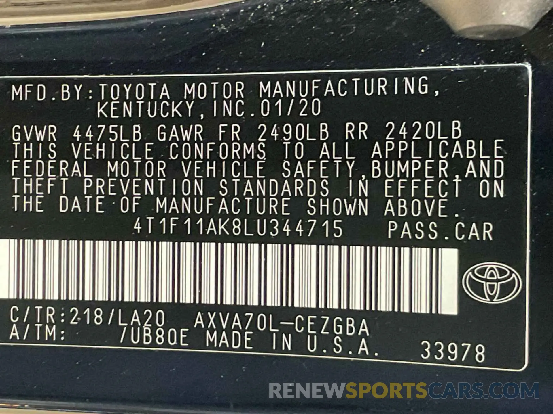 16 Photograph of a damaged car 4T1F11AK8LU344715 TOYOTA CAMRY 2020