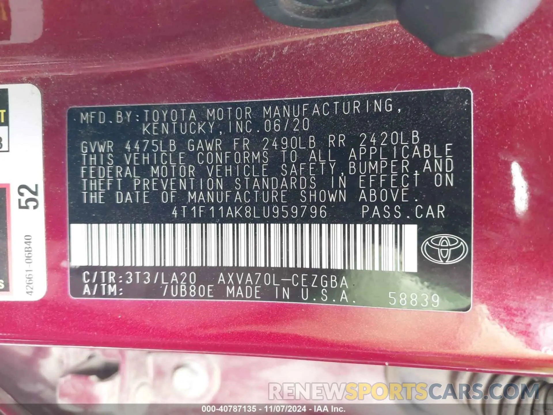 9 Photograph of a damaged car 4T1F11AK8LU959796 TOYOTA CAMRY 2020