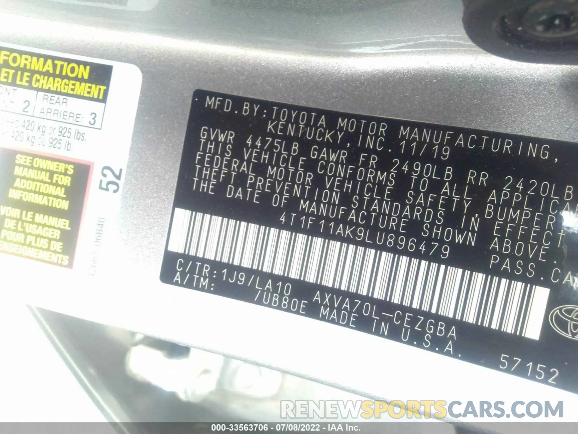 9 Photograph of a damaged car 4T1F11AK9LU896479 TOYOTA CAMRY 2020