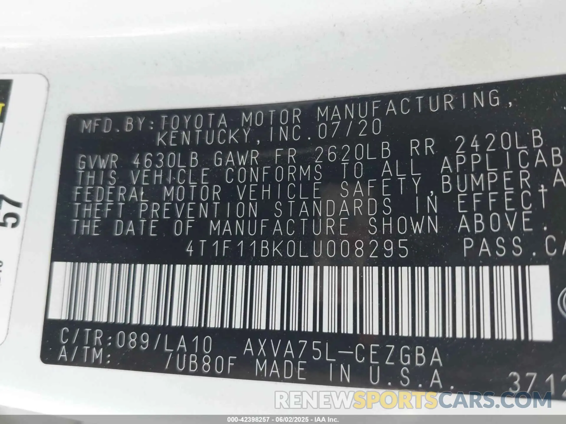 9 Photograph of a damaged car 4T1F11BK0LU008295 TOYOTA CAMRY 2020