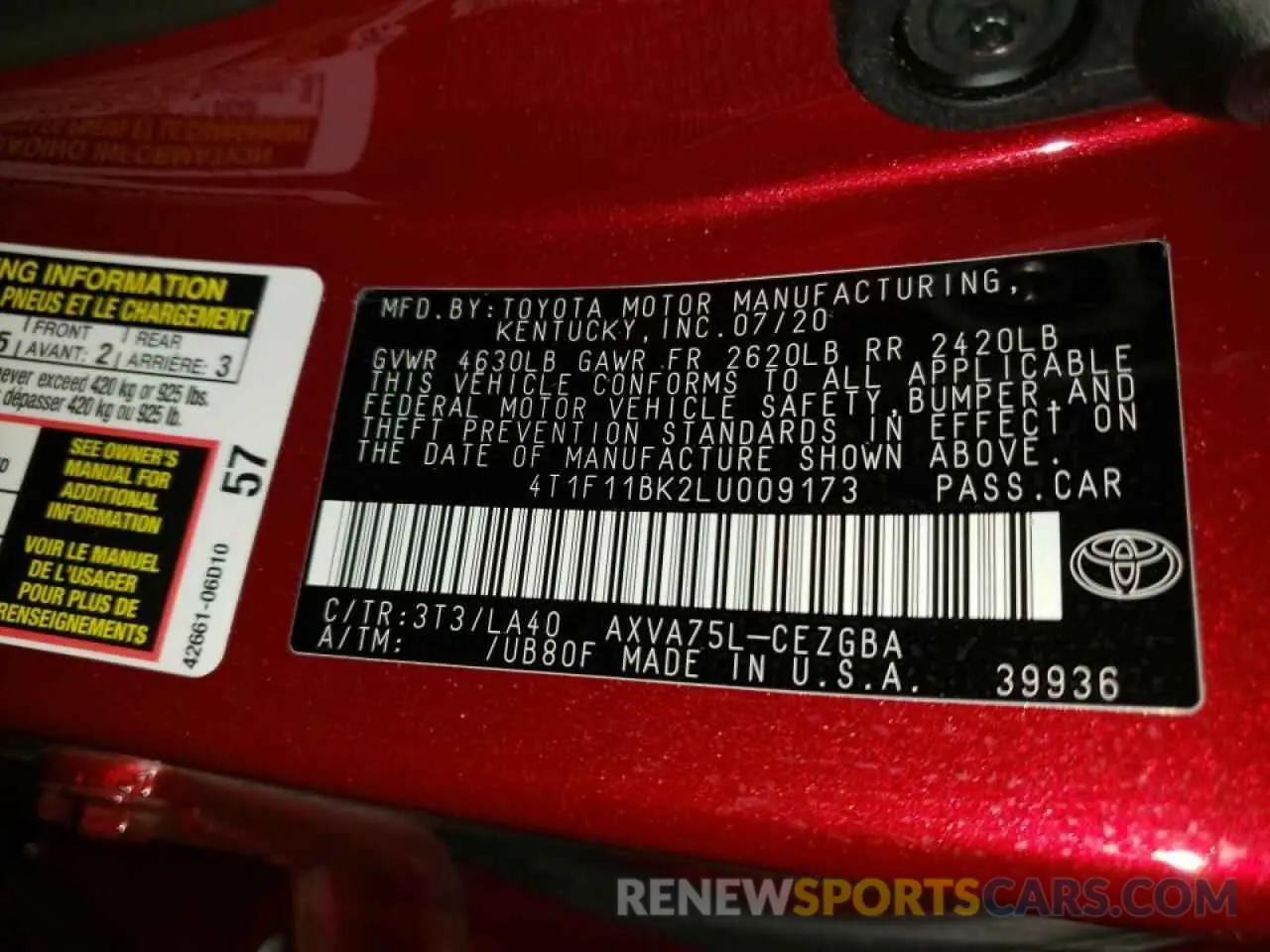 10 Photograph of a damaged car 4T1F11BK2LU009173 TOYOTA CAMRY 2020