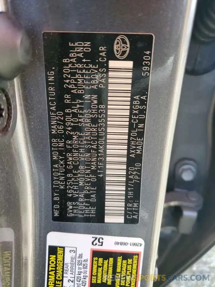 13 Photograph of a damaged car 4T1F31AK0LU535538 TOYOTA CAMRY 2020