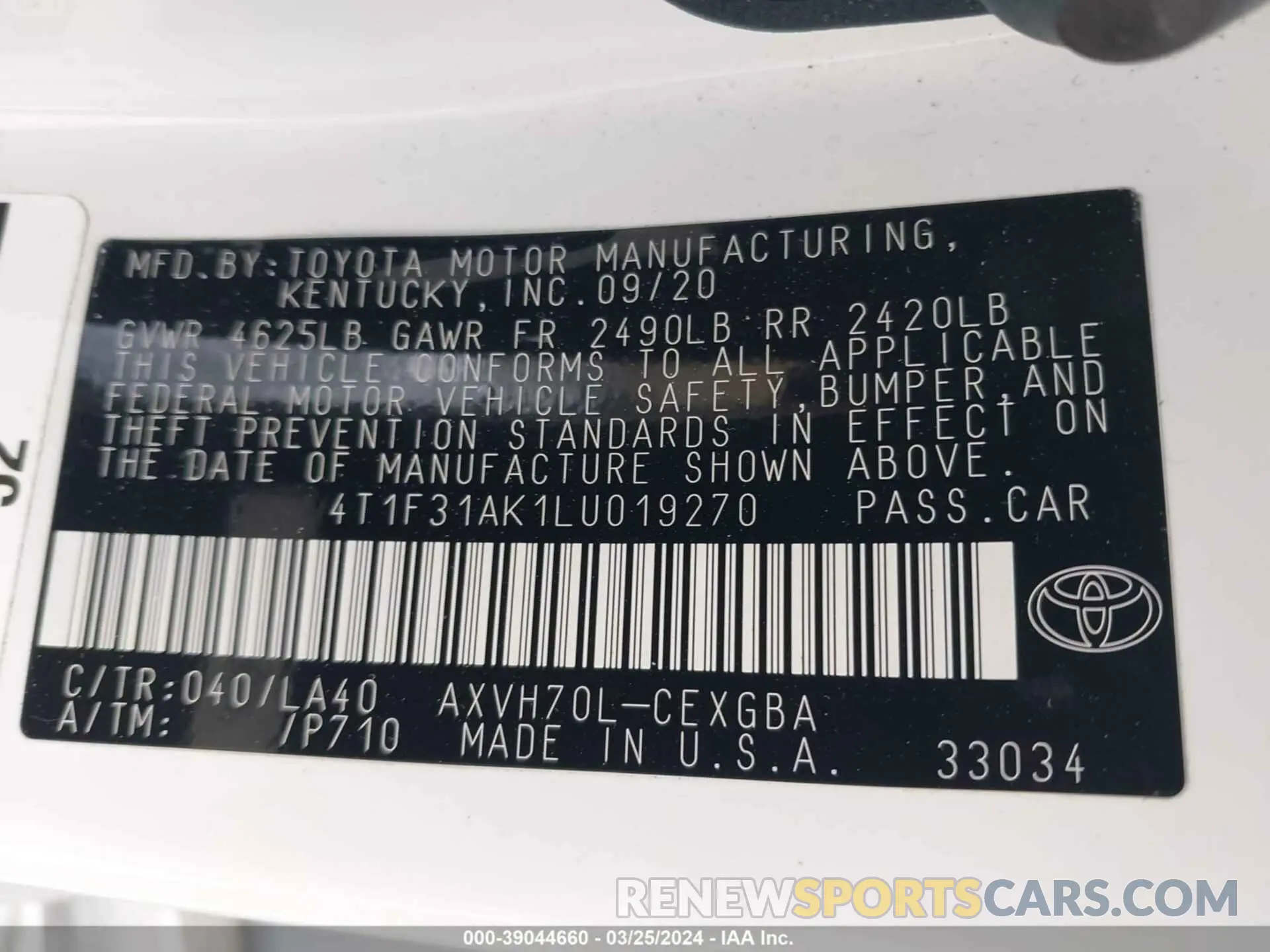 9 Photograph of a damaged car 4T1F31AK1LU019270 TOYOTA CAMRY 2020