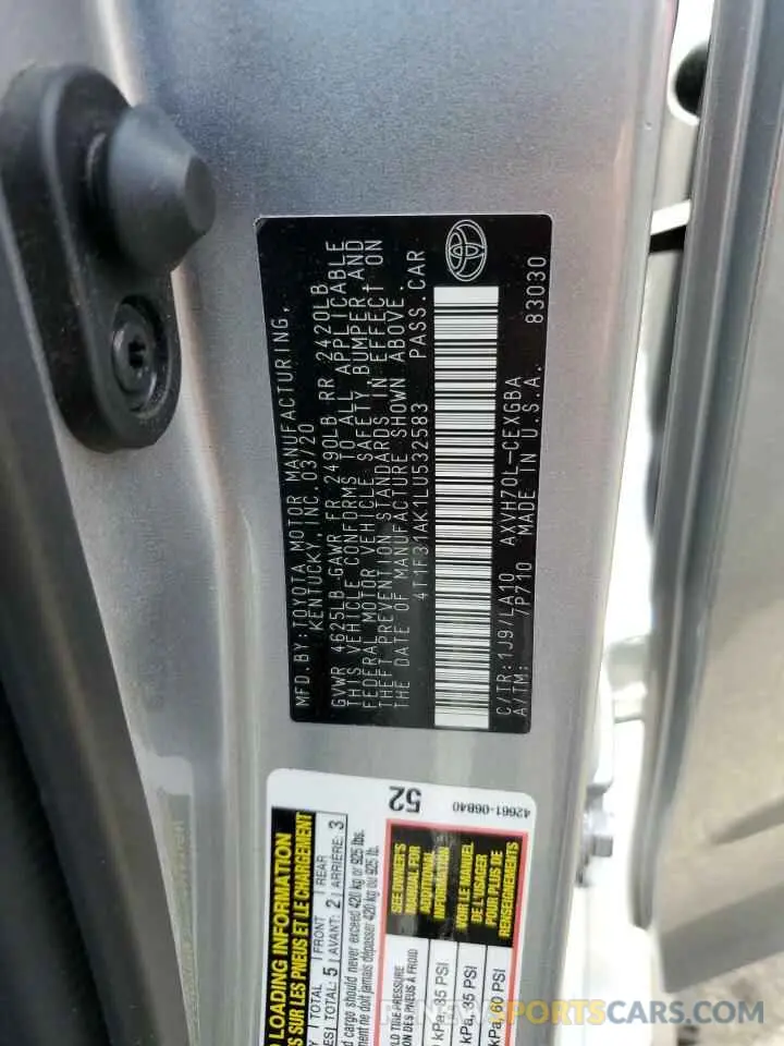 12 Photograph of a damaged car 4T1F31AK1LU532583 TOYOTA CAMRY 2020