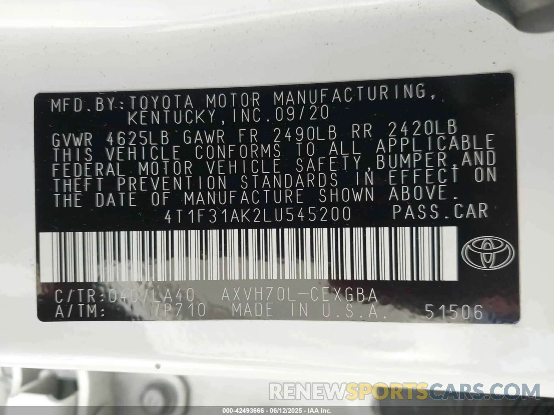 9 Photograph of a damaged car 4T1F31AK2LU545200 TOYOTA CAMRY 2020