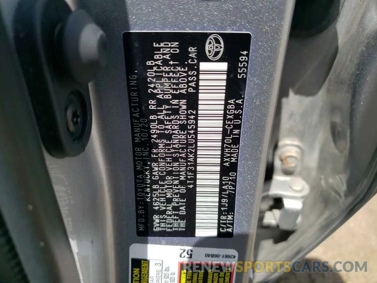 12 Photograph of a damaged car 4T1F31AK2LU545942 TOYOTA CAMRY 2020