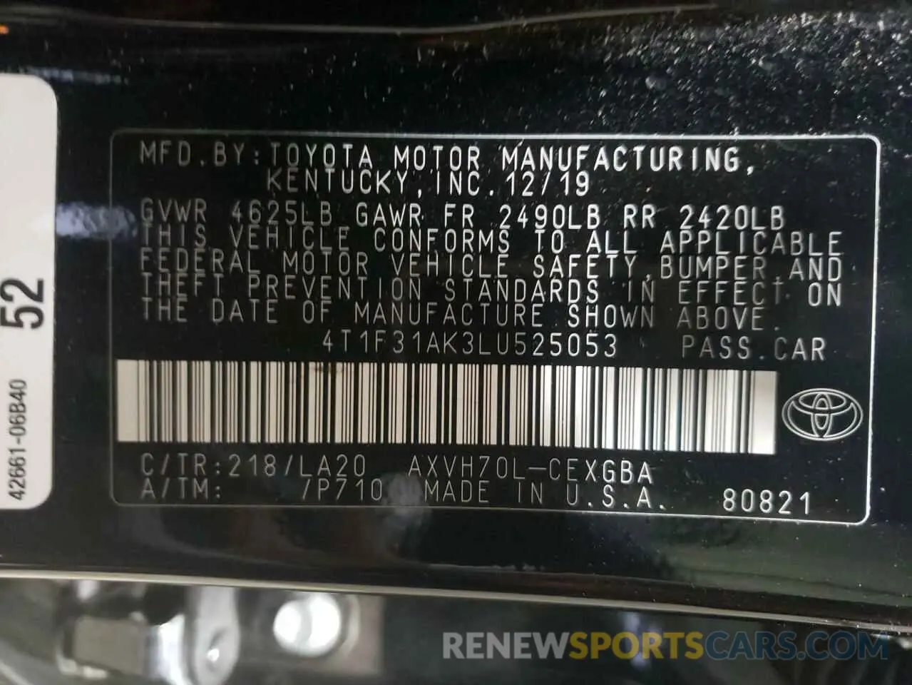 13 Photograph of a damaged car 4T1F31AK3LU525053 TOYOTA CAMRY 2020