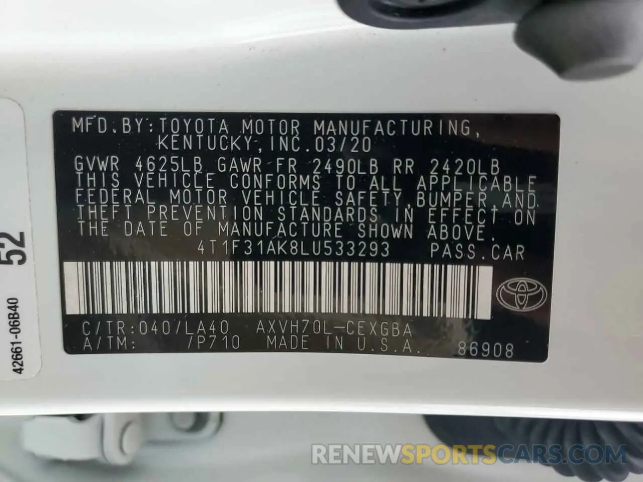 12 Photograph of a damaged car 4T1F31AK8LU533293 TOYOTA CAMRY 2020