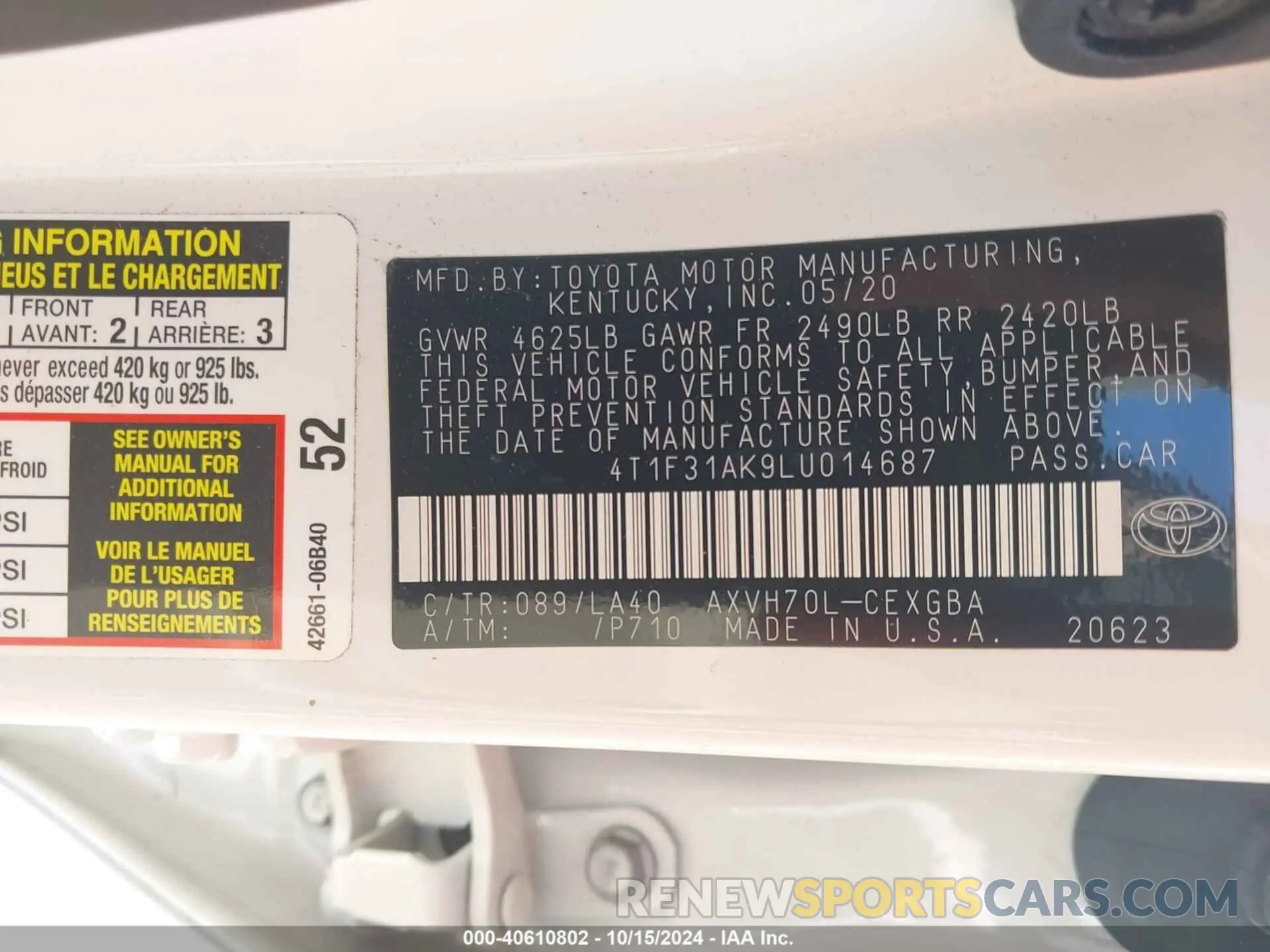 9 Photograph of a damaged car 4T1F31AK9LU014687 TOYOTA CAMRY 2020