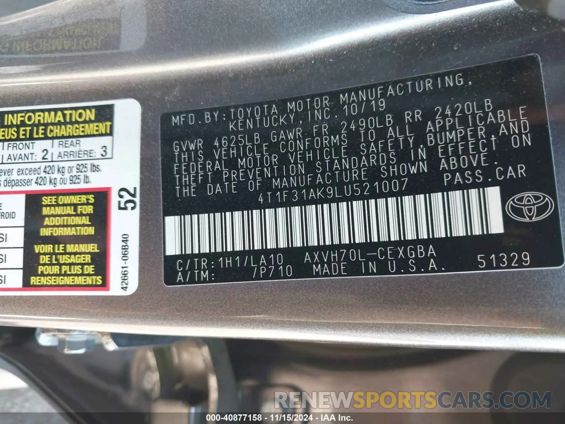 9 Photograph of a damaged car 4T1F31AK9LU521007 TOYOTA CAMRY 2020