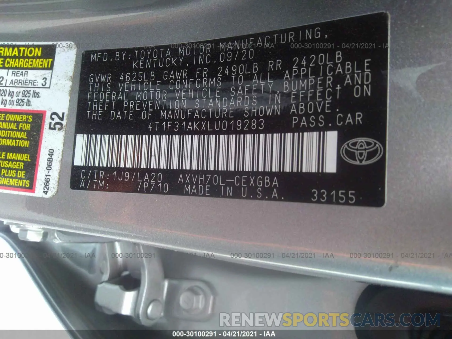 9 Photograph of a damaged car 4T1F31AKXLU019283 TOYOTA CAMRY 2020