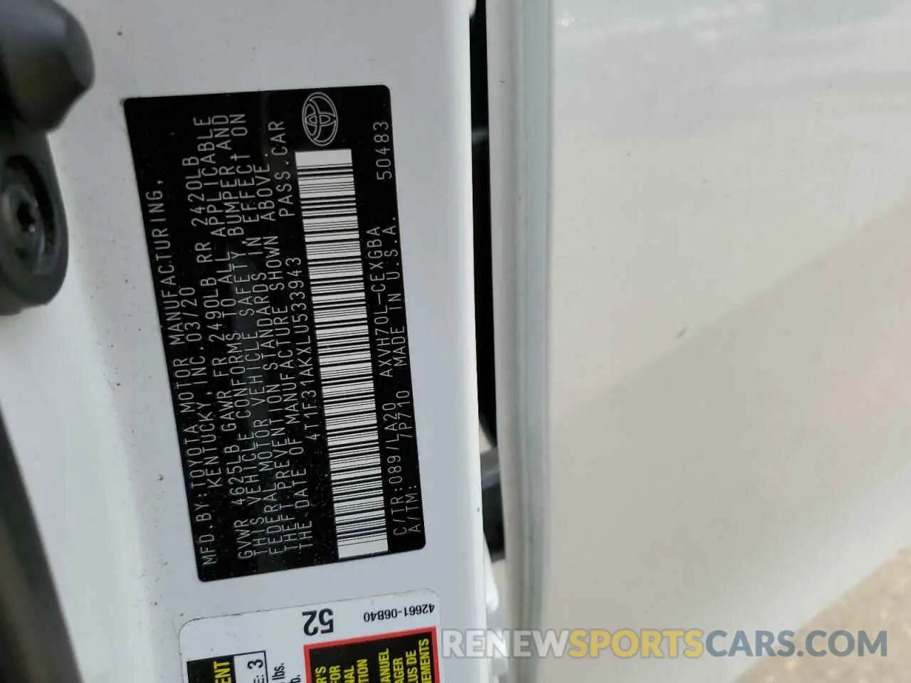 12 Photograph of a damaged car 4T1F31AKXLU533943 TOYOTA CAMRY 2020