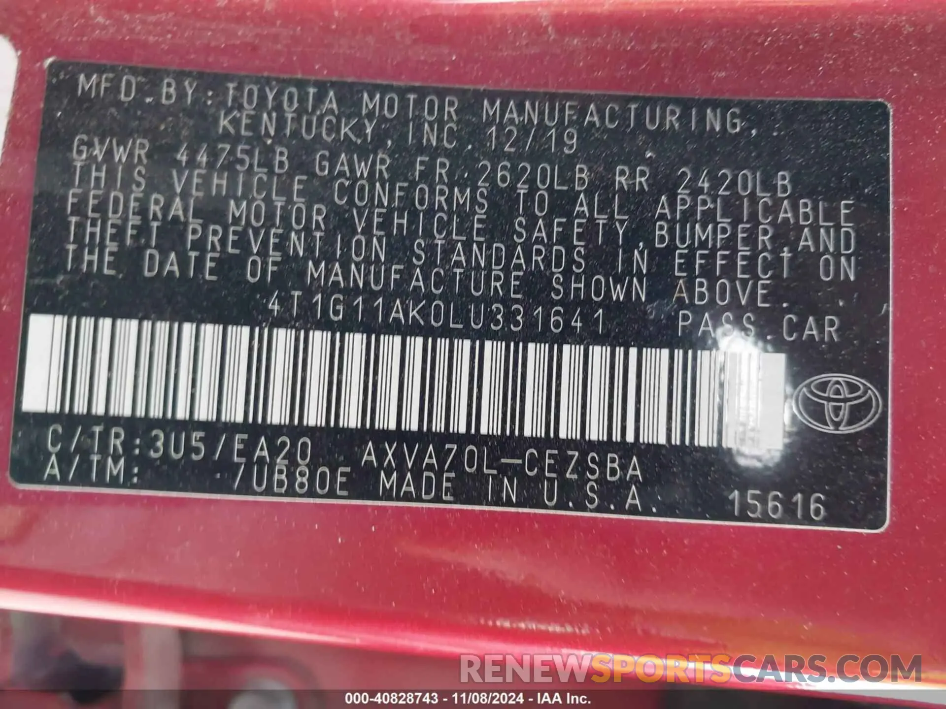 9 Photograph of a damaged car 4T1G11AK0LU331641 TOYOTA CAMRY 2020