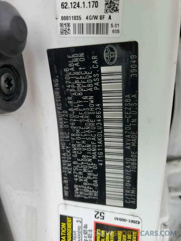 12 Photograph of a damaged car 4T1G11AK0LU348634 TOYOTA CAMRY 2020