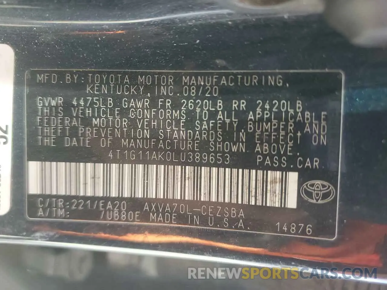 12 Photograph of a damaged car 4T1G11AK0LU389653 TOYOTA CAMRY 2020