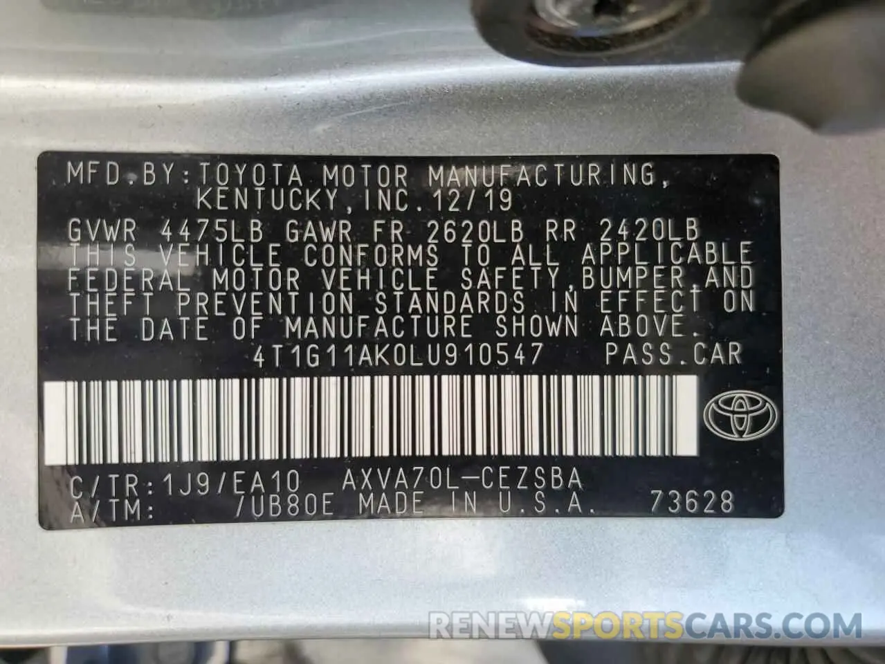 12 Photograph of a damaged car 4T1G11AK0LU910547 TOYOTA CAMRY 2020