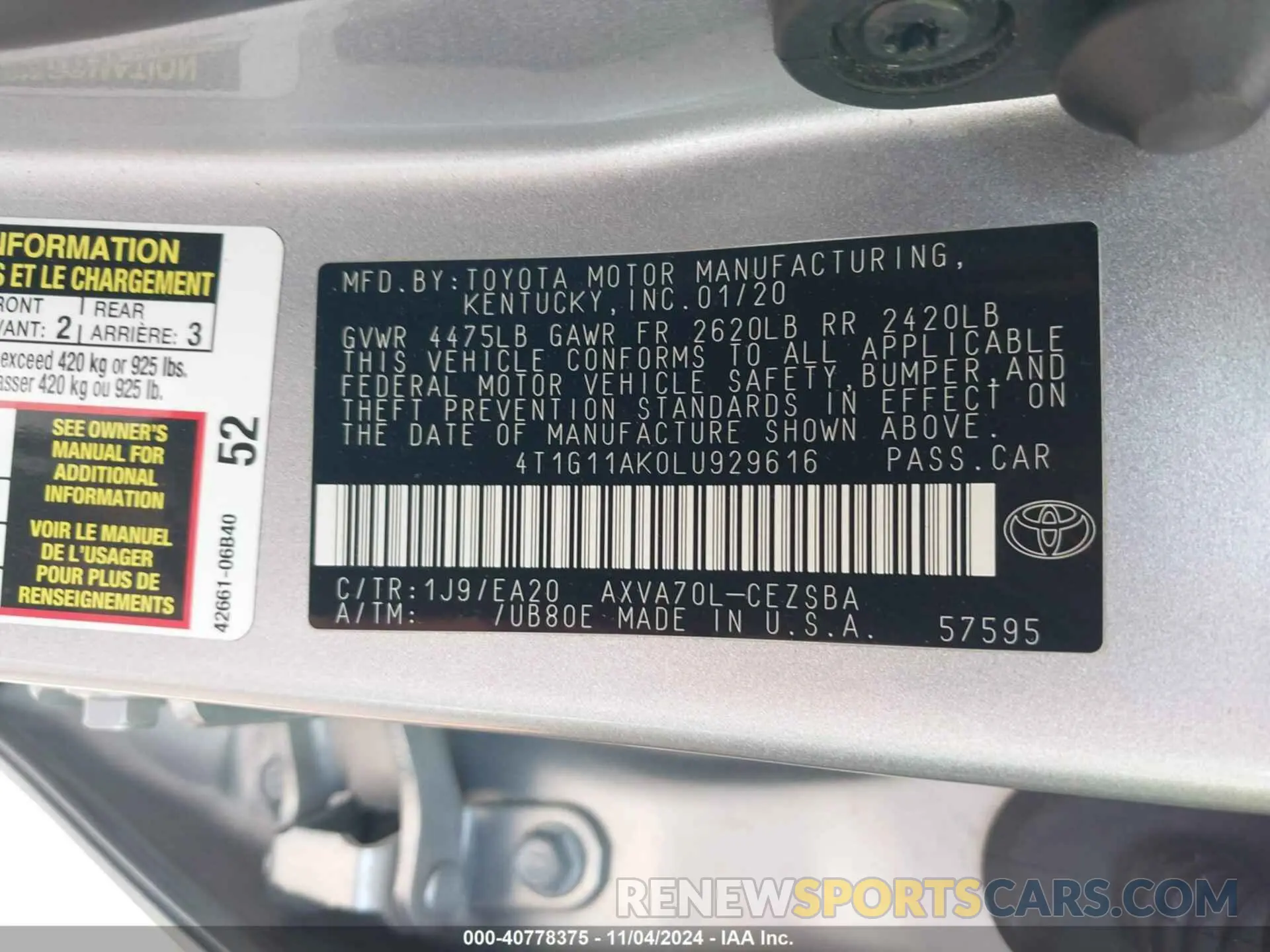 9 Photograph of a damaged car 4T1G11AK0LU929616 TOYOTA CAMRY 2020