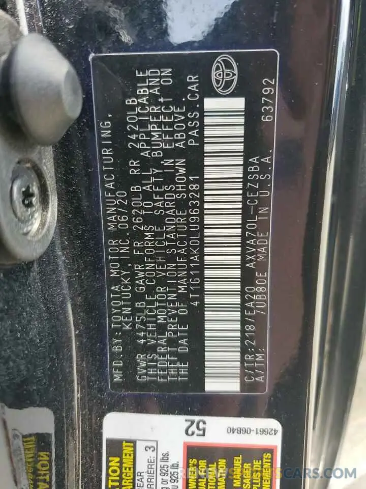 12 Photograph of a damaged car 4T1G11AK0LU963281 TOYOTA CAMRY 2020