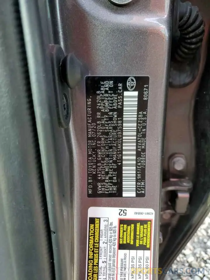 13 Photograph of a damaged car 4T1G11AK0LU975981 TOYOTA CAMRY 2020