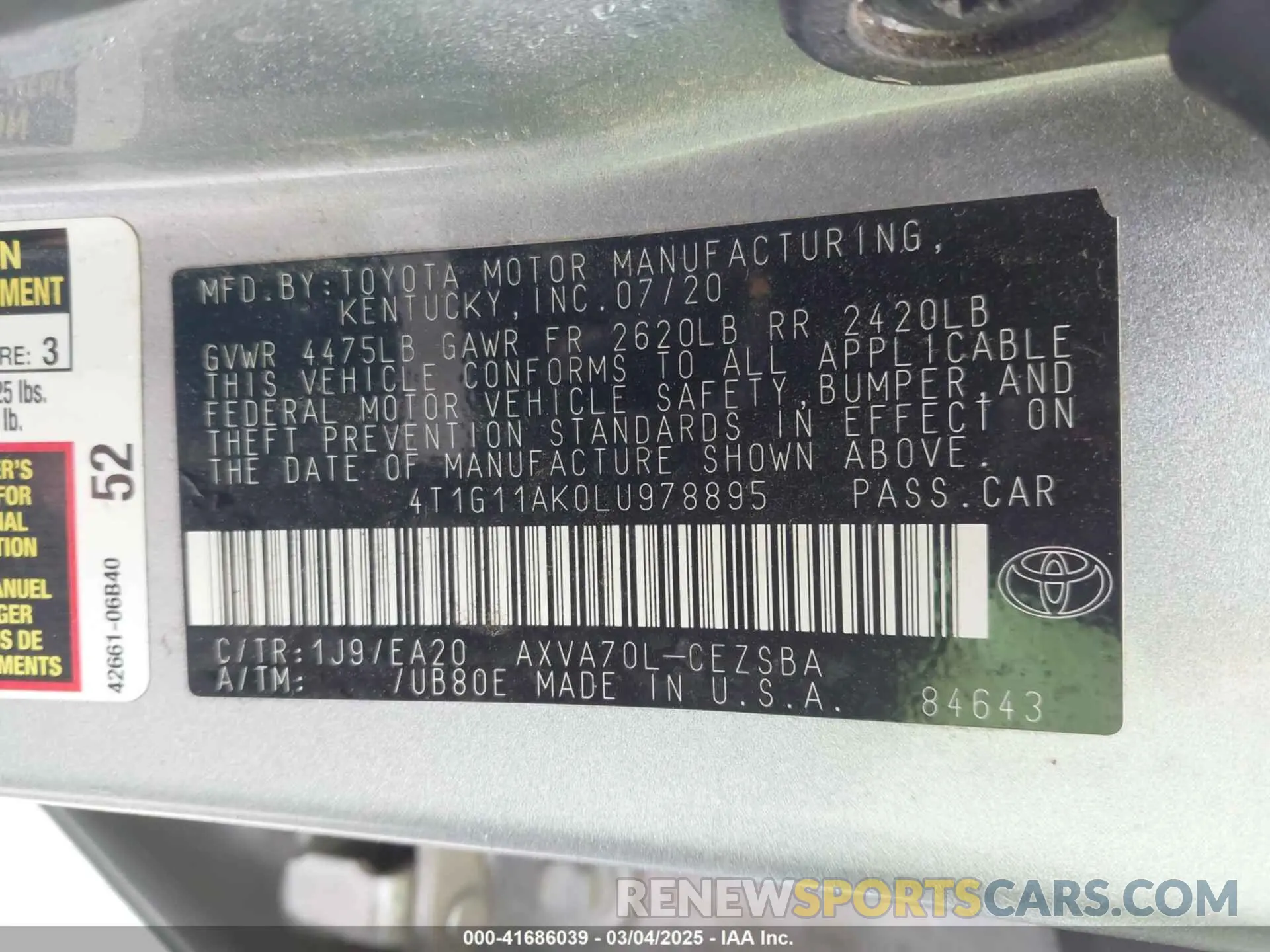 9 Photograph of a damaged car 4T1G11AK0LU978895 TOYOTA CAMRY 2020