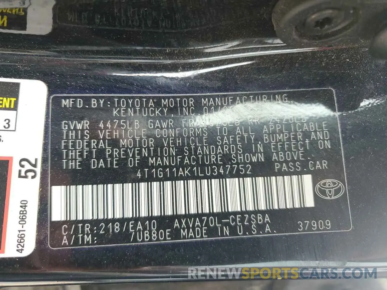 12 Photograph of a damaged car 4T1G11AK1LU347752 TOYOTA CAMRY 2020