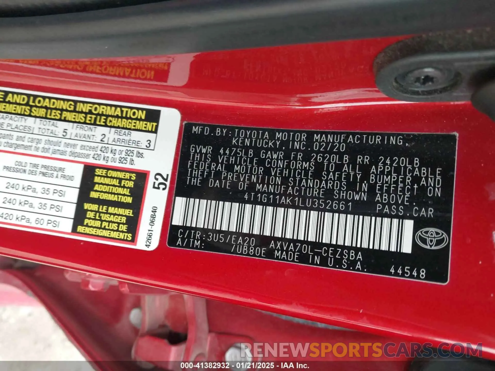 9 Photograph of a damaged car 4T1G11AK1LU352661 TOYOTA CAMRY 2020