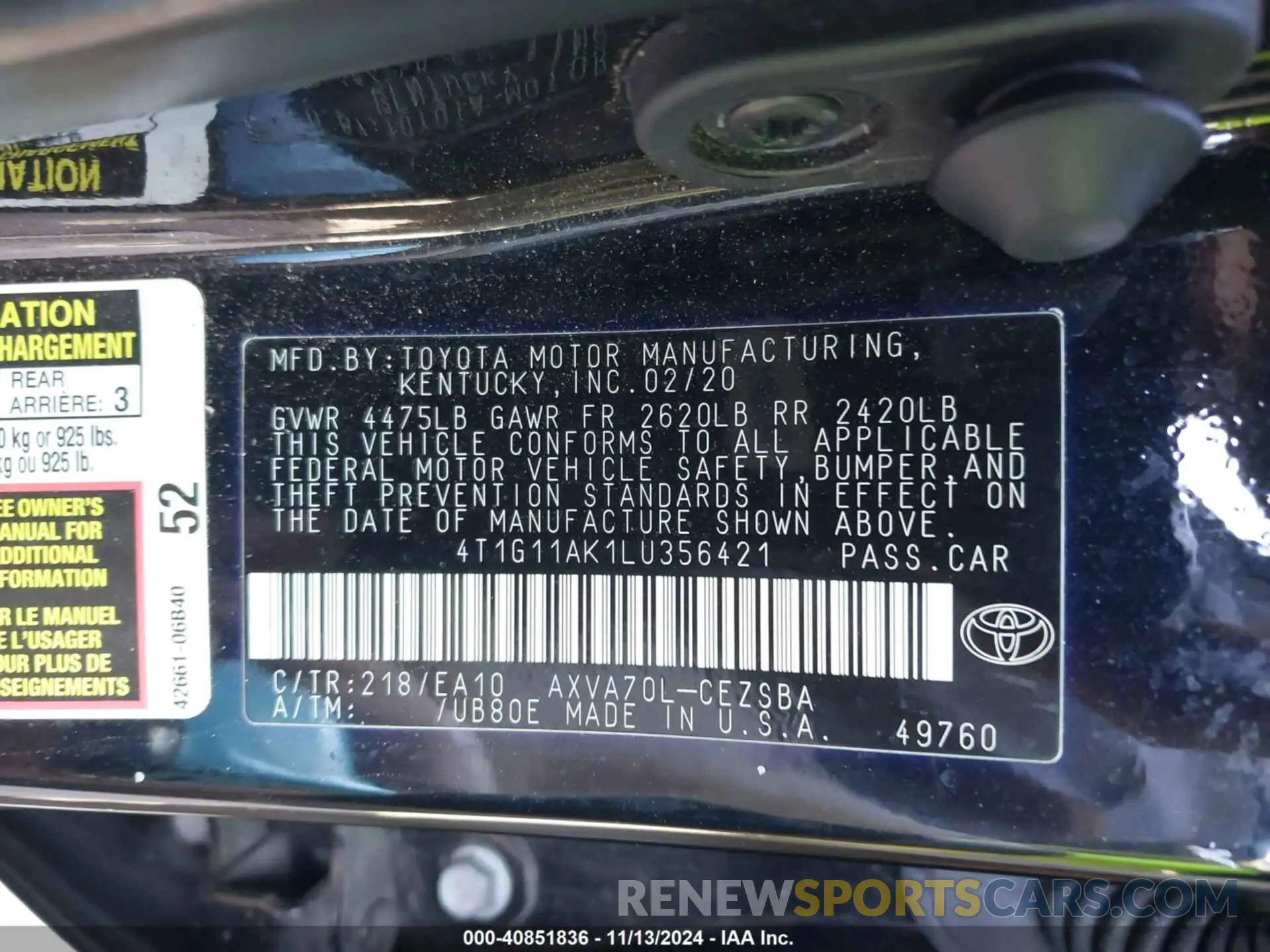 9 Photograph of a damaged car 4T1G11AK1LU356421 TOYOTA CAMRY 2020