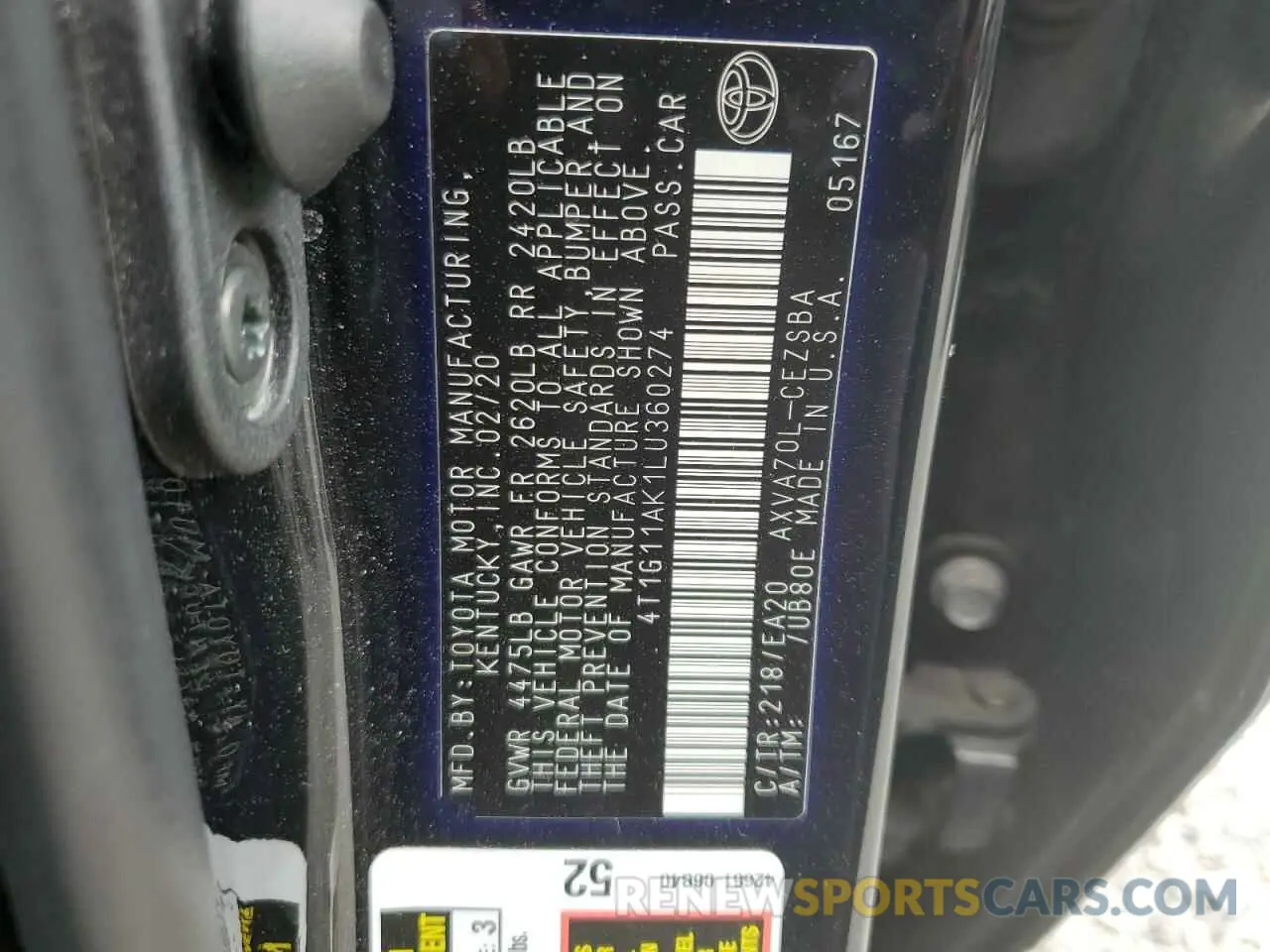14 Photograph of a damaged car 4T1G11AK1LU360274 TOYOTA CAMRY 2020