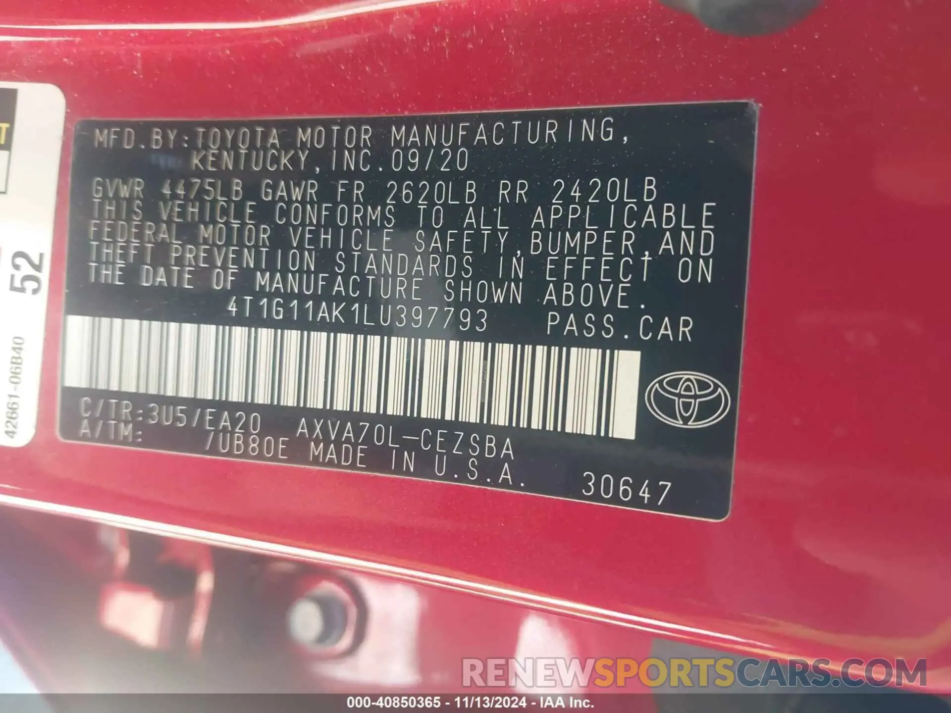 9 Photograph of a damaged car 4T1G11AK1LU397793 TOYOTA CAMRY 2020