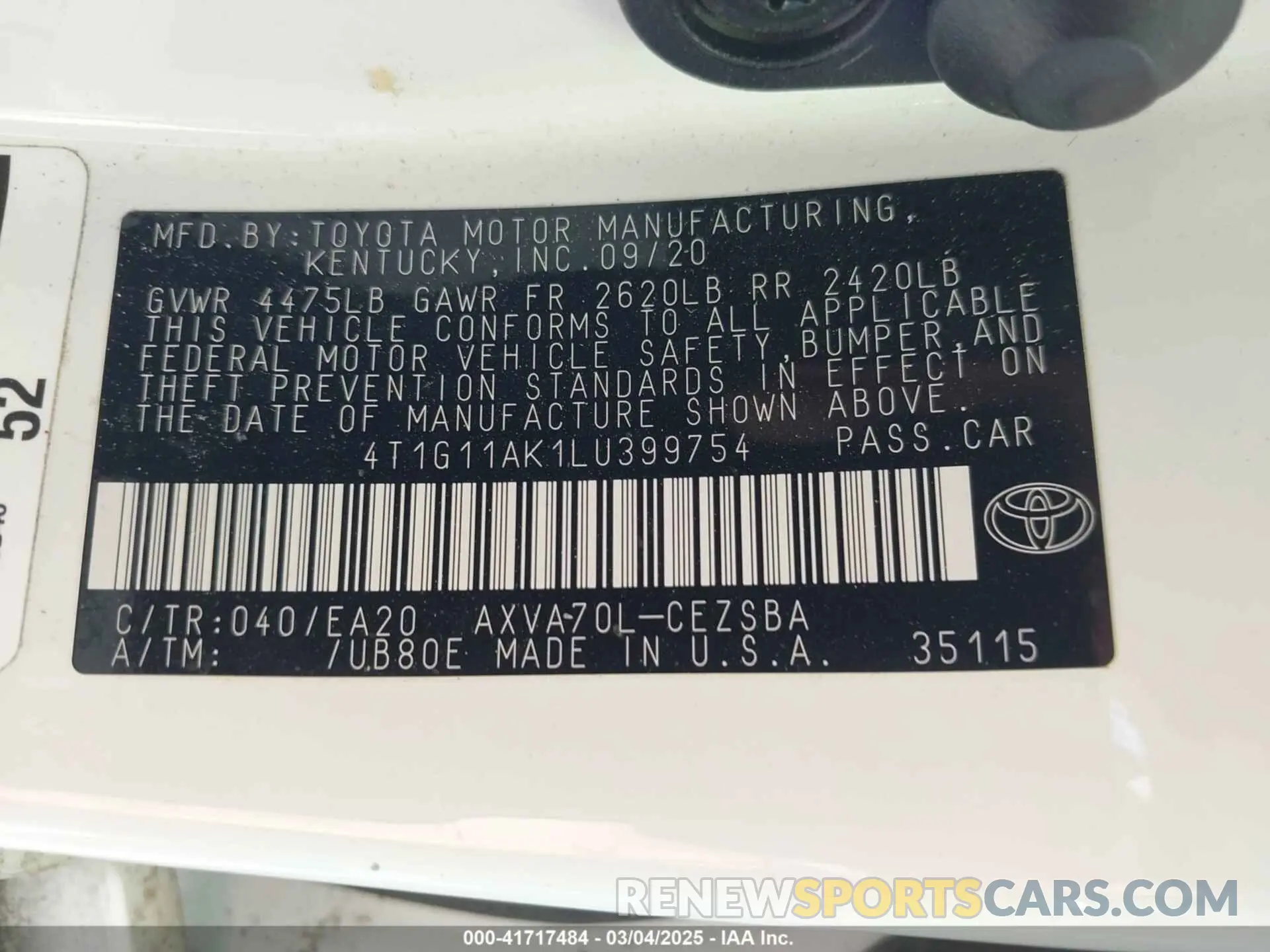 9 Photograph of a damaged car 4T1G11AK1LU399754 TOYOTA CAMRY 2020