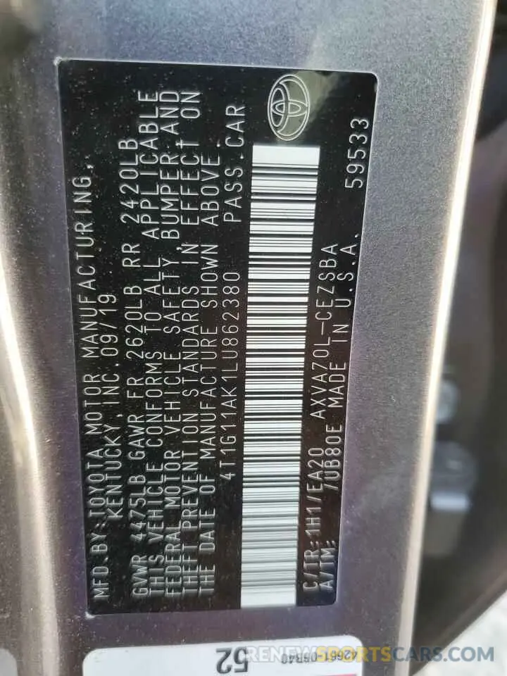 14 Photograph of a damaged car 4T1G11AK1LU862380 TOYOTA CAMRY 2020