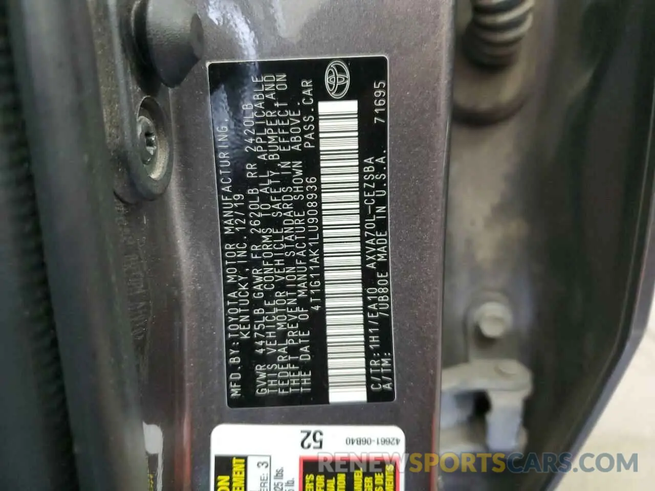 13 Photograph of a damaged car 4T1G11AK1LU908936 TOYOTA CAMRY 2020