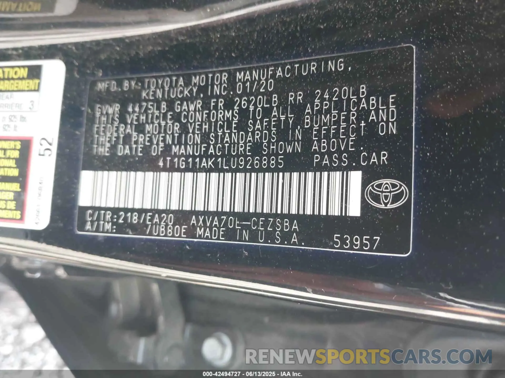 9 Photograph of a damaged car 4T1G11AK1LU926885 TOYOTA CAMRY 2020