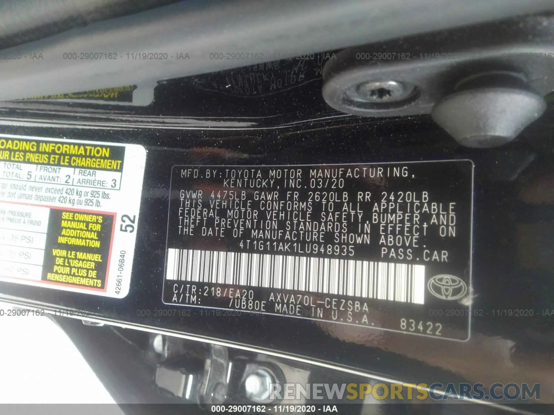 9 Photograph of a damaged car 4T1G11AK1LU948935 TOYOTA CAMRY 2020