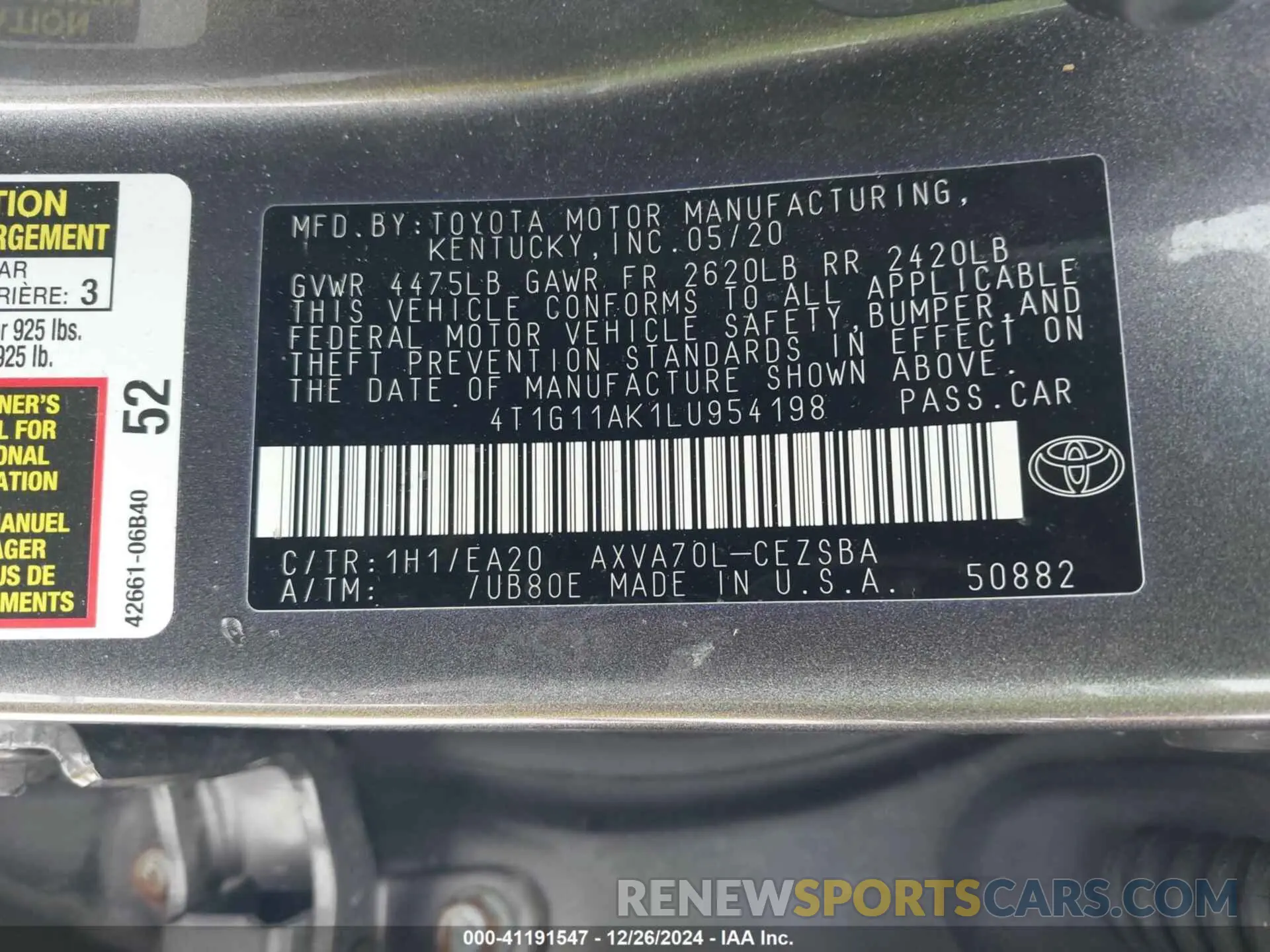 9 Photograph of a damaged car 4T1G11AK1LU954198 TOYOTA CAMRY 2020