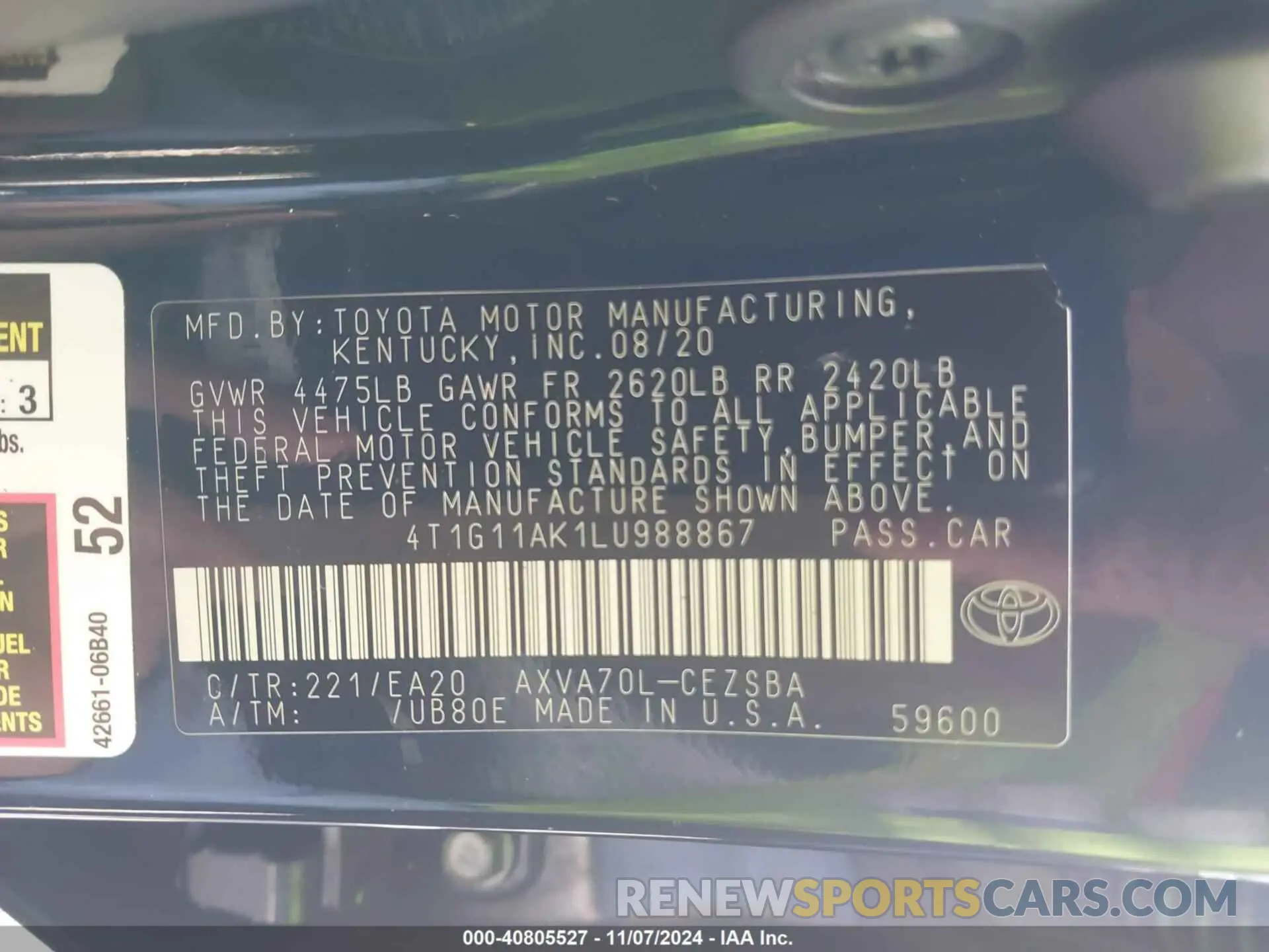 9 Photograph of a damaged car 4T1G11AK1LU988867 TOYOTA CAMRY 2020