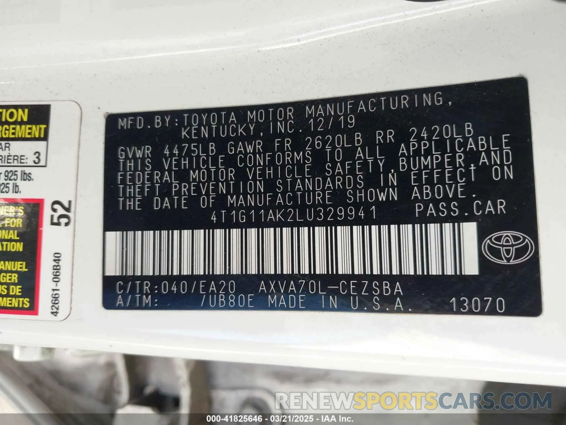 9 Photograph of a damaged car 4T1G11AK2LU329941 TOYOTA CAMRY 2020