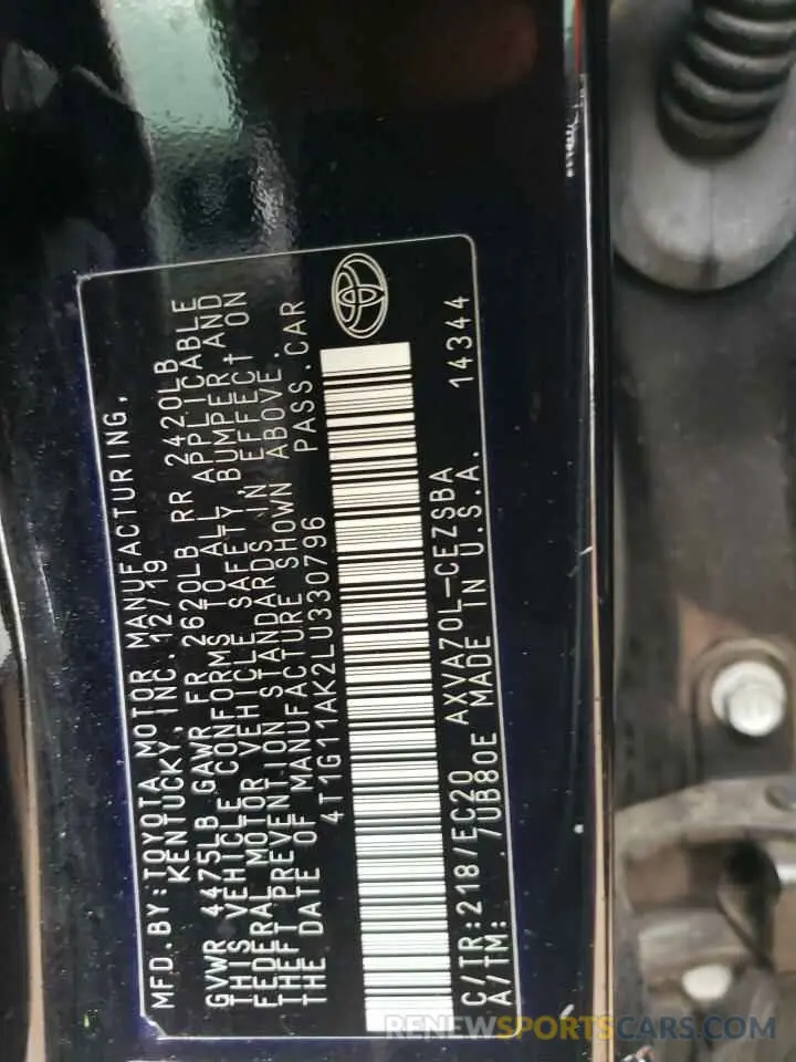 12 Photograph of a damaged car 4T1G11AK2LU330796 TOYOTA CAMRY 2020