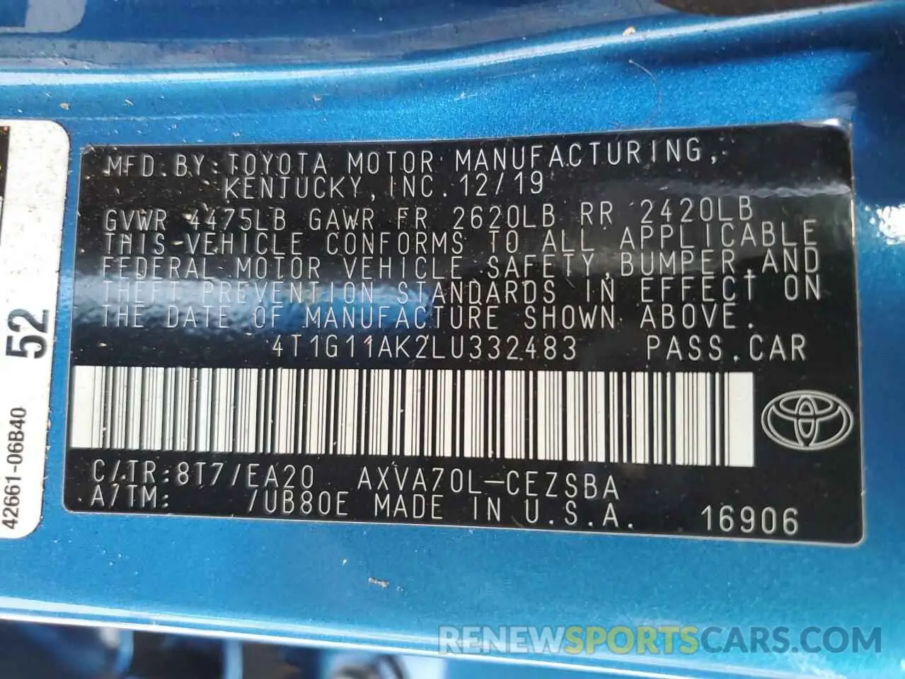12 Photograph of a damaged car 4T1G11AK2LU332483 TOYOTA CAMRY 2020