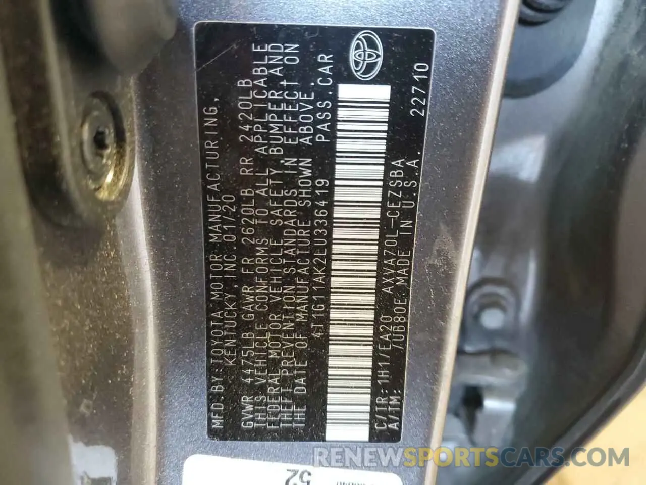 12 Photograph of a damaged car 4T1G11AK2LU336419 TOYOTA CAMRY 2020
