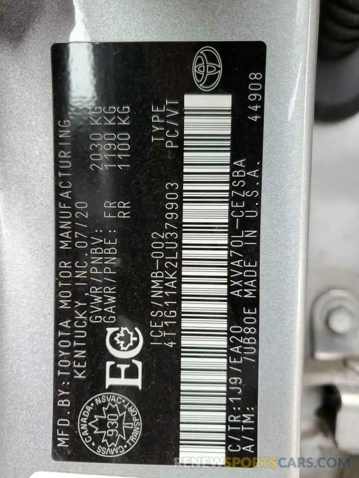 12 Photograph of a damaged car 4T1G11AK2LU379903 TOYOTA CAMRY 2020
