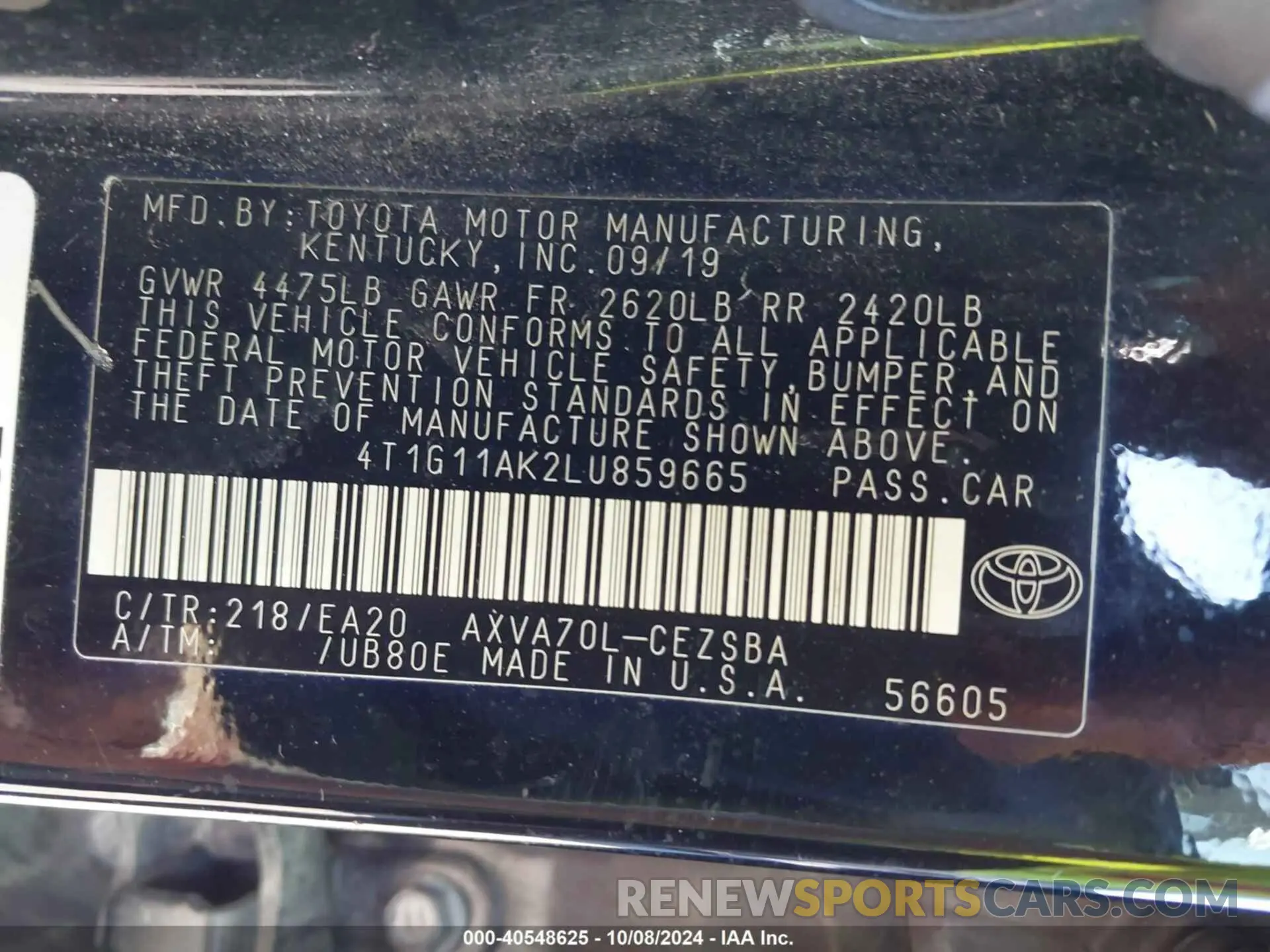 9 Photograph of a damaged car 4T1G11AK2LU859665 TOYOTA CAMRY 2020