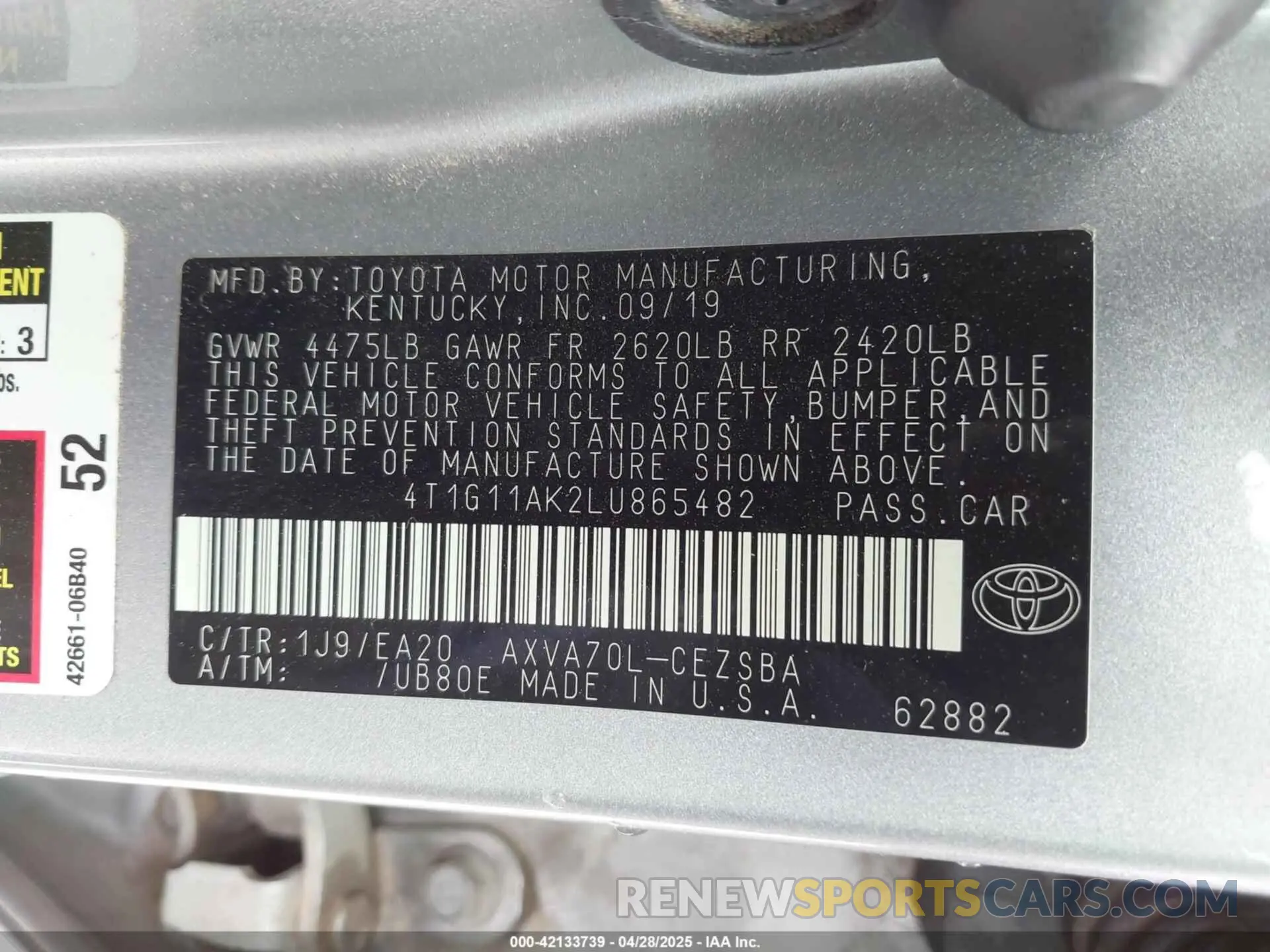9 Photograph of a damaged car 4T1G11AK2LU865482 TOYOTA CAMRY 2020