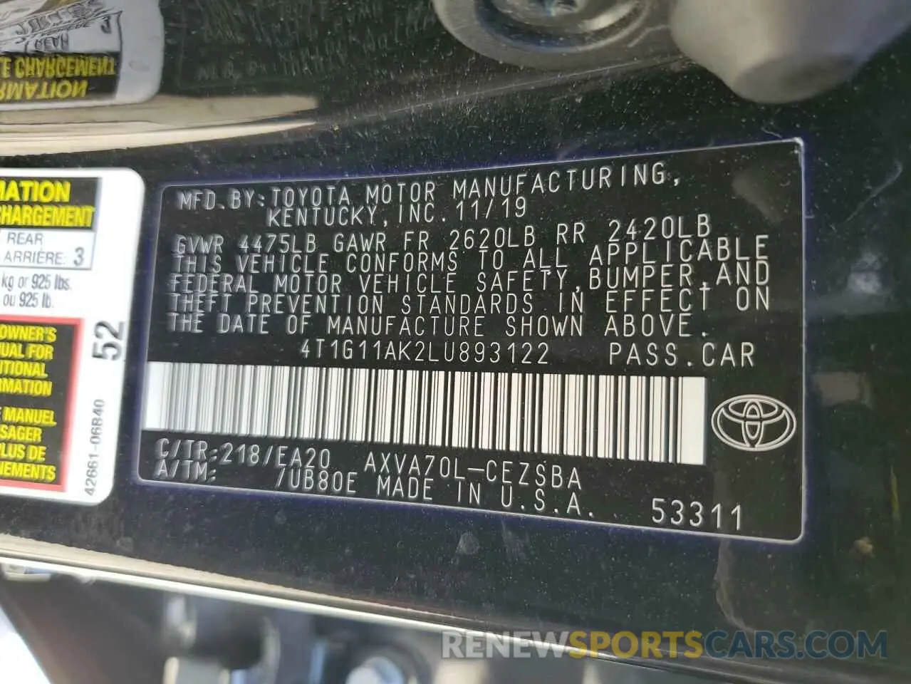 12 Photograph of a damaged car 4T1G11AK2LU893122 TOYOTA CAMRY 2020
