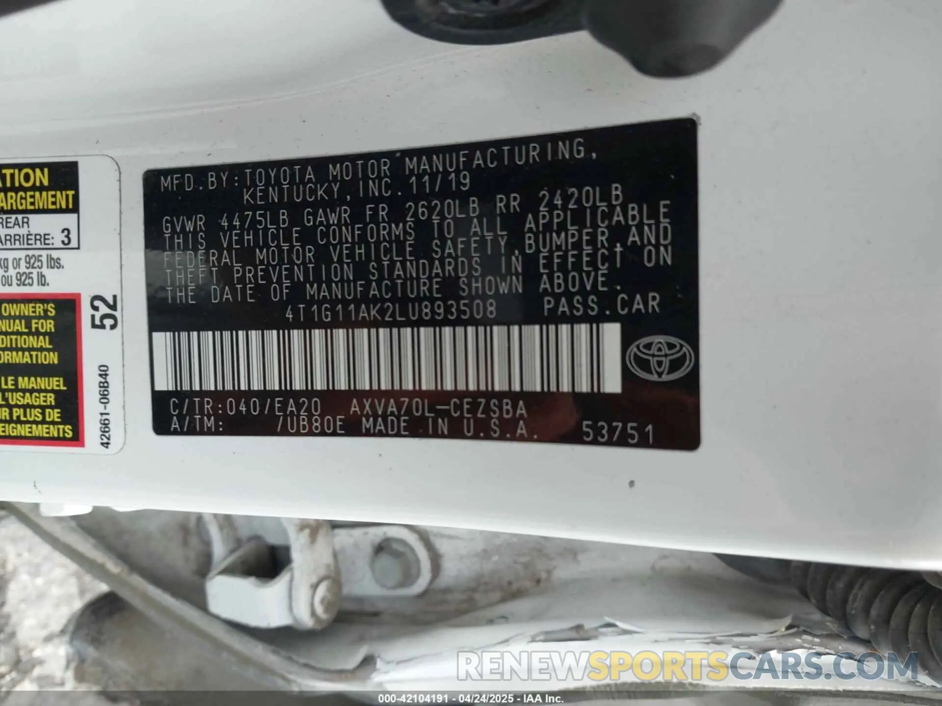9 Photograph of a damaged car 4T1G11AK2LU893508 TOYOTA CAMRY 2020