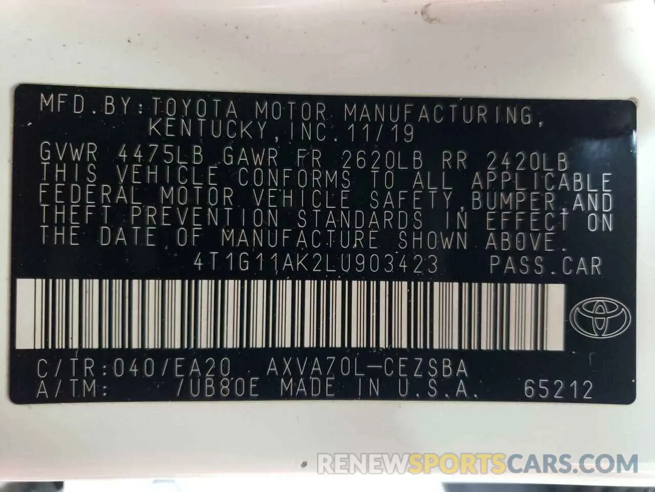 12 Photograph of a damaged car 4T1G11AK2LU903423 TOYOTA CAMRY 2020