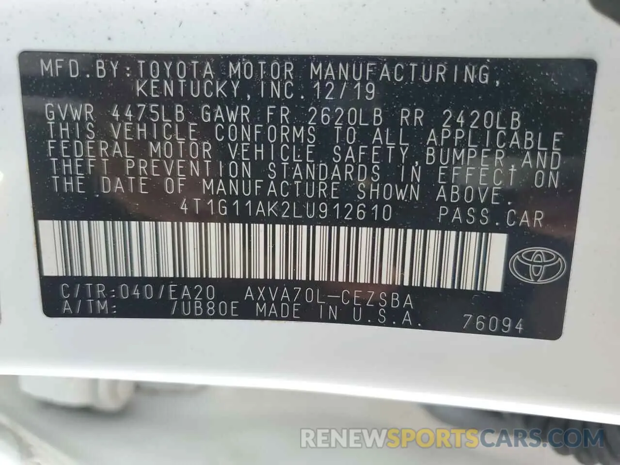 12 Photograph of a damaged car 4T1G11AK2LU912610 TOYOTA CAMRY 2020